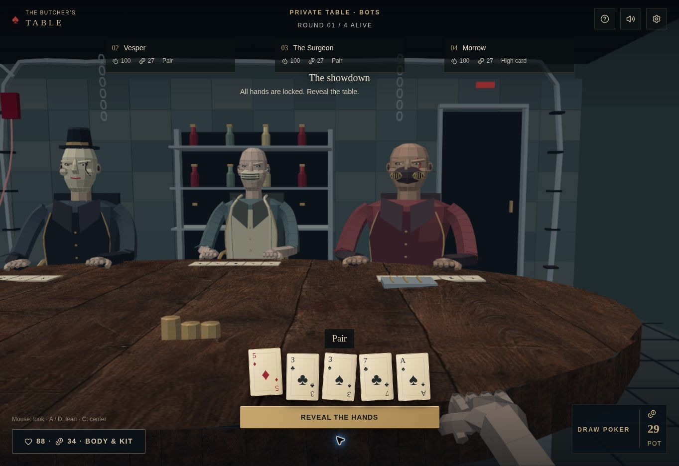 The Butcher’s Table card game with three seated opponents.